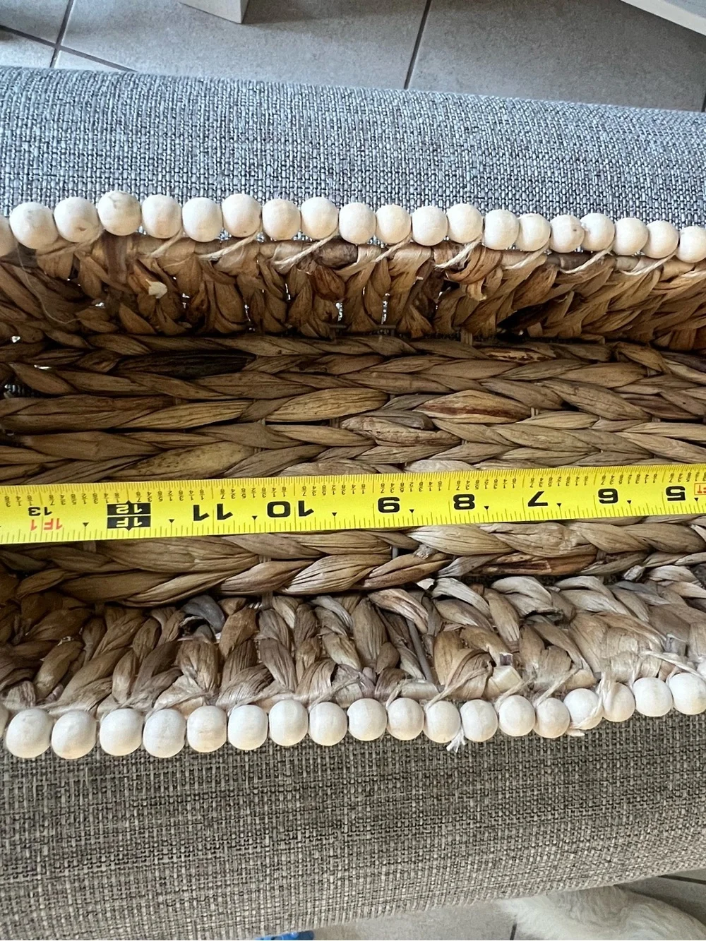 Woven Seagrass Oval Basket with Wooden Bead Trim - Natural Brown